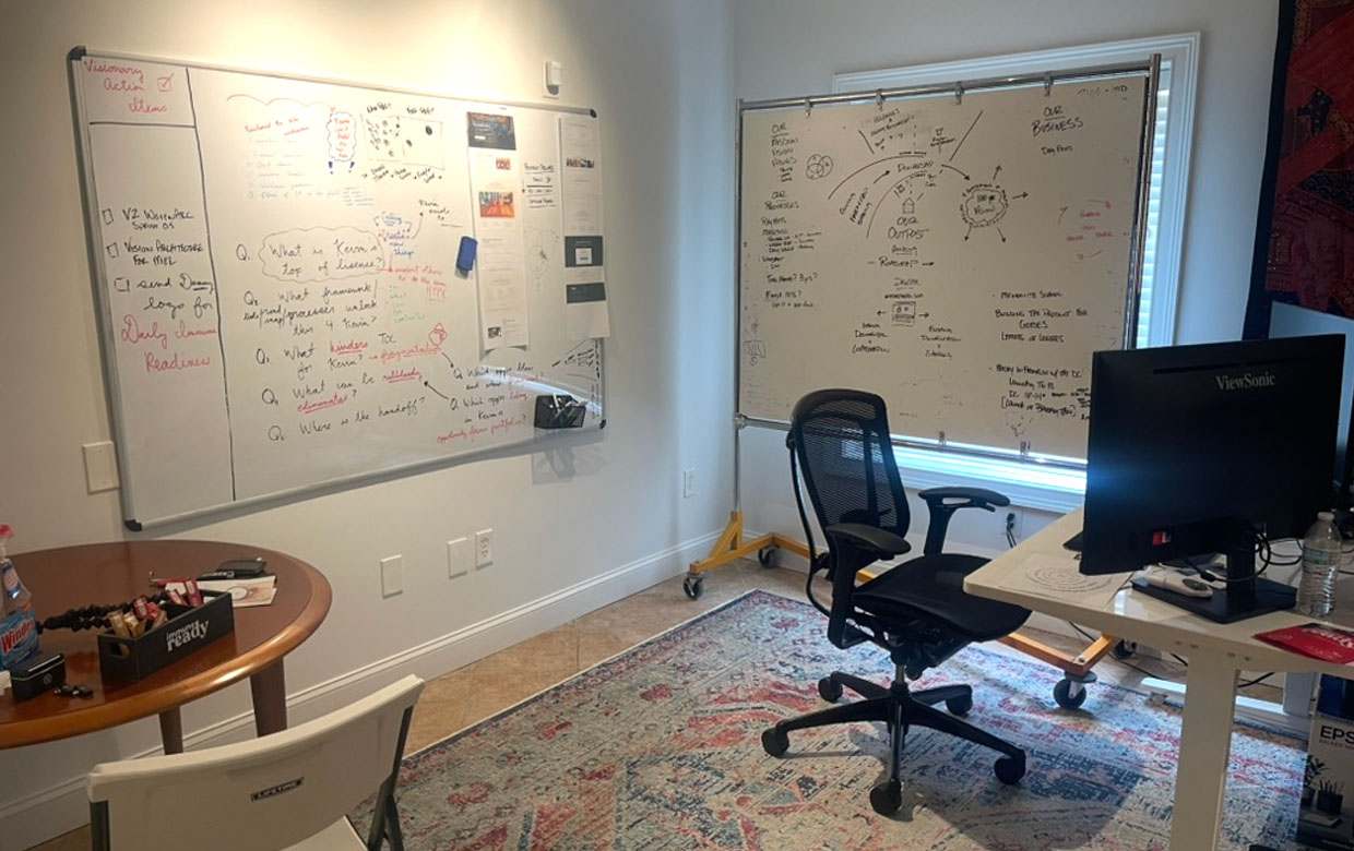 The Hidden Orchard's early shared workroom — two whiteboards covered in strategy diagrams and questions, a round worktable, and a desk.